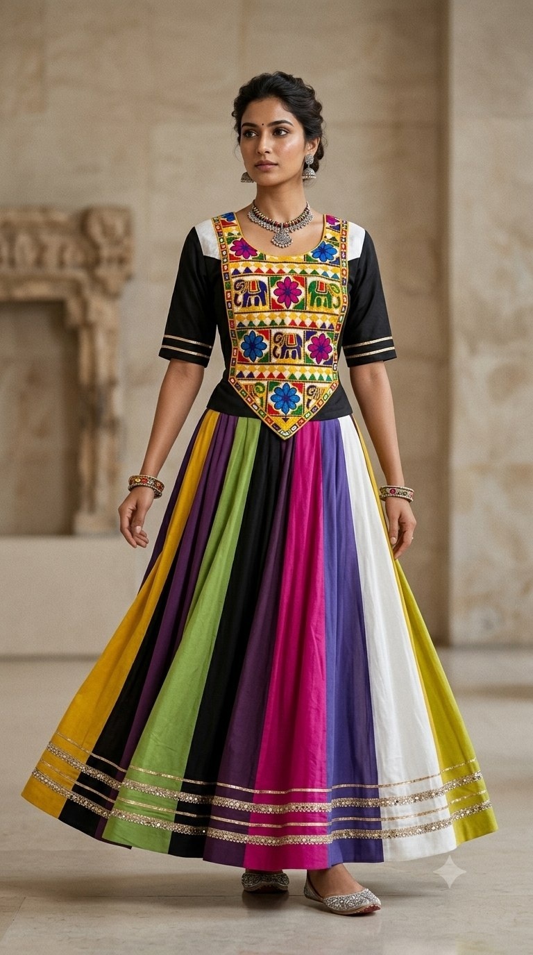 Black Multicolour Mirror Work Lehenga